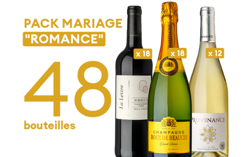Pack mariage Romance 48 bouteilles / 40 personnes - 3 vins, Champagne, Bordeaux, Terres du Midi blanc